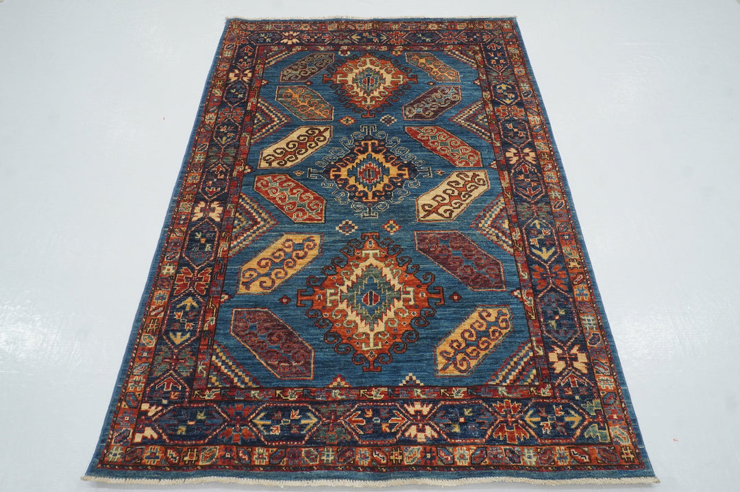 4x6 Blue Eagle Kazak Afghan Hand knotted Geometric Rug - Yildiz Rugs