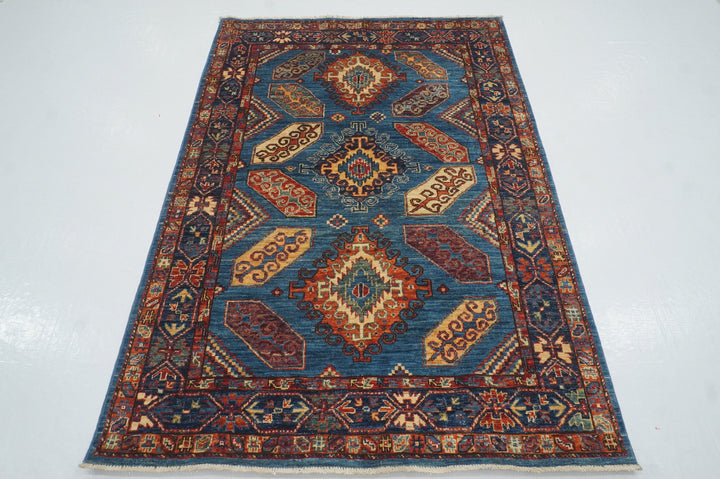 4x6 Blue Eagle Kazak Afghan Hand knotted Geometric Rug - Yildiz Rugs