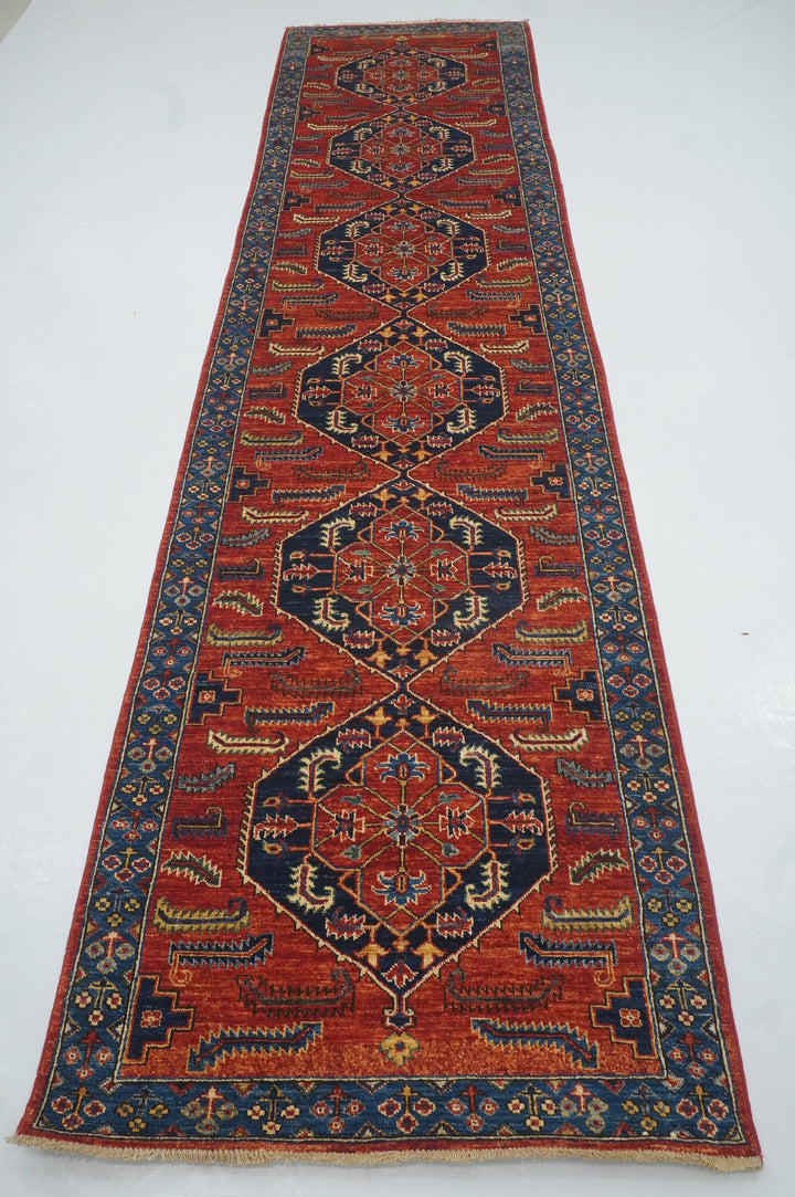 12 ft Red Heriz Traditional Afghan Hand knotted Geometric Runner Rug - Yildiz Rugs