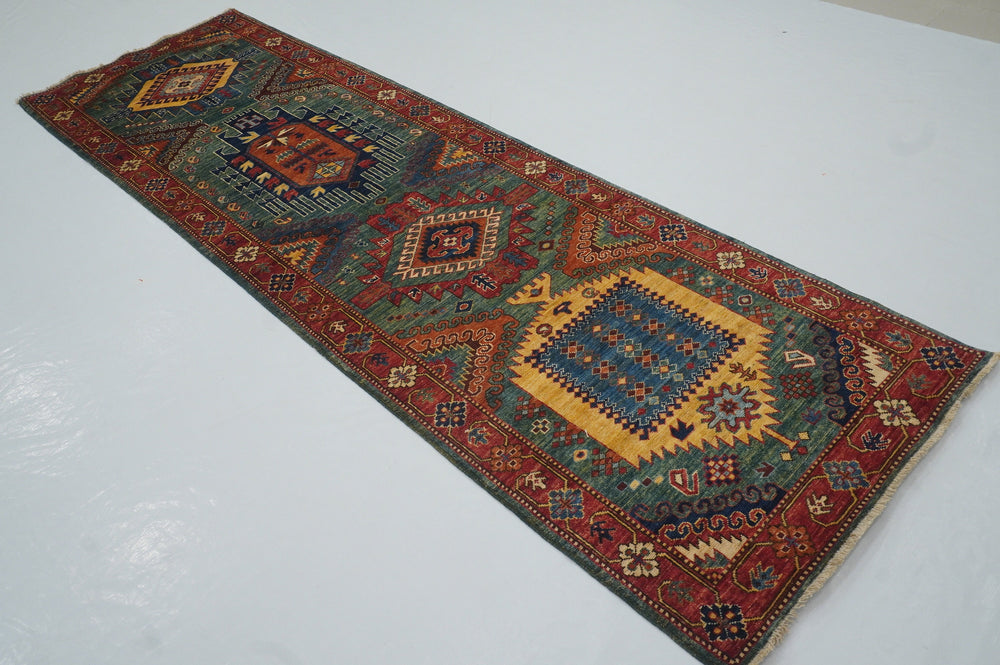 10 ft Green Malayer Afghan hand knotted Oriental Runner Rug - Yildiz Rugs