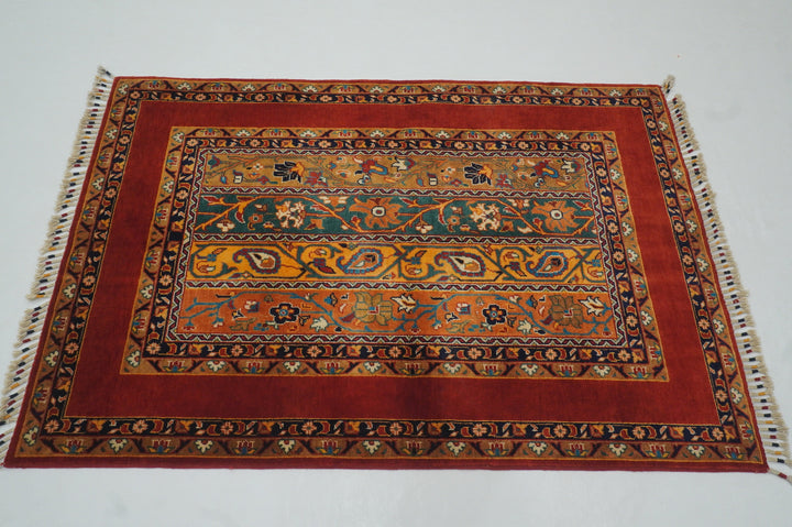 3x5 Red Turkish Shawl Pattern Hand Knotted Striped Rug - Yildiz Rugs