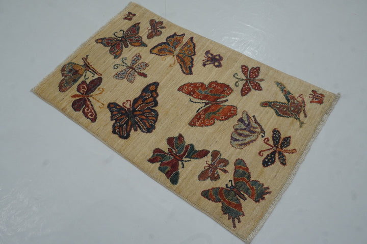 2x3 Butterfly Gabbeh Beige Afghan Hand knotted Rug - Yildiz Rugs