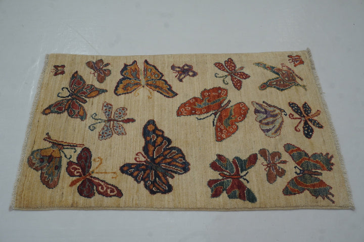 2x3 Butterfly Gabbeh Beige Afghan Hand knotted Rug - Yildiz Rugs