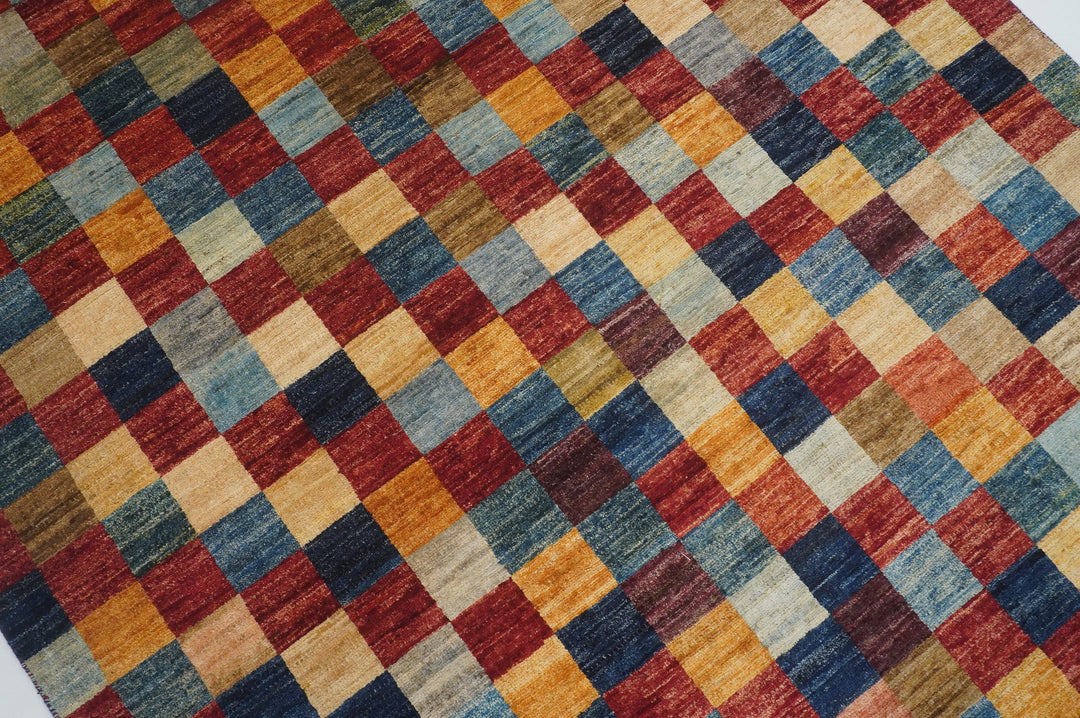 5'5x7'9 Checkered Multicolor box Gabbeh hand knotted Rug - Yildiz Rugs