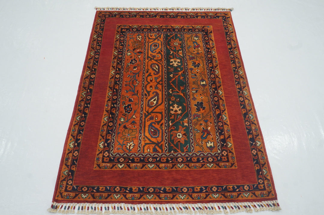 3x5 Red Turkish Shawl Pattern Hand Knotted Wool Striped Rug - Yildiz Rugs