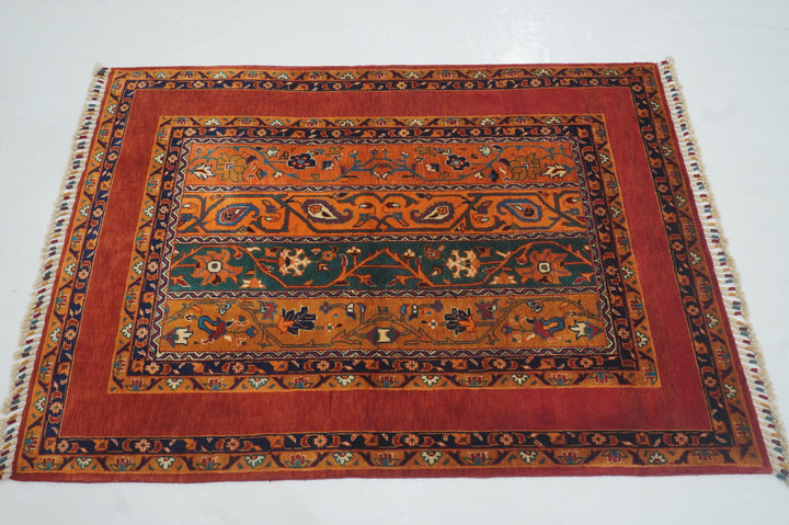 3x5 Red Turkish Shawl Pattern Hand Knotted Wool Striped Rug - Yildiz Rugs