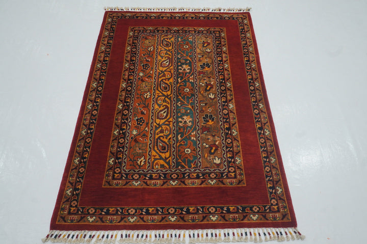 3x5 Red Turkish Shawl Pattern Hand Knotted Striped Rug - Yildiz Rugs