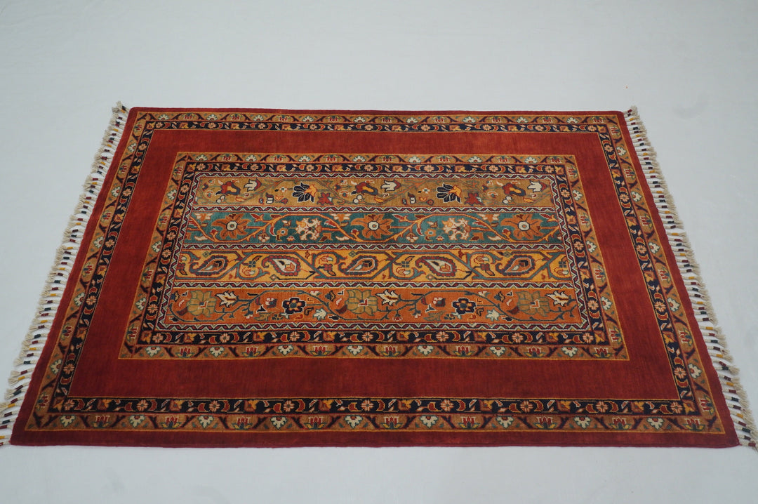 3x5 Red Turkish Shawl Pattern Hand Knotted Striped Rug - Yildiz Rugs