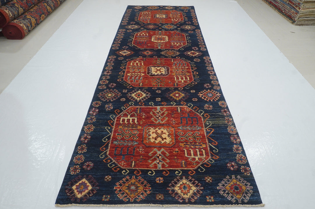 4x13 Tribal Kazak Navy Blue Afghan Hand knotted Wide Runner Rug - Yildiz Rugs