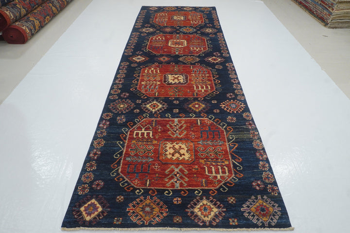 4x13 Tribal Kazak Navy Blue Afghan Hand knotted Wide Runner Rug - Yildiz Rugs