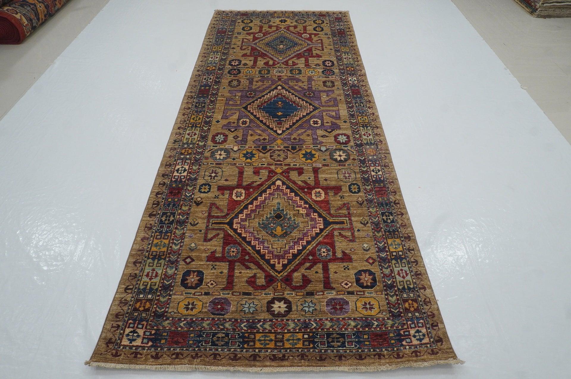 4x10 Kazak Taupe Gray Afghan Hand knotted Wide Runner Rug - Yildiz Rugs