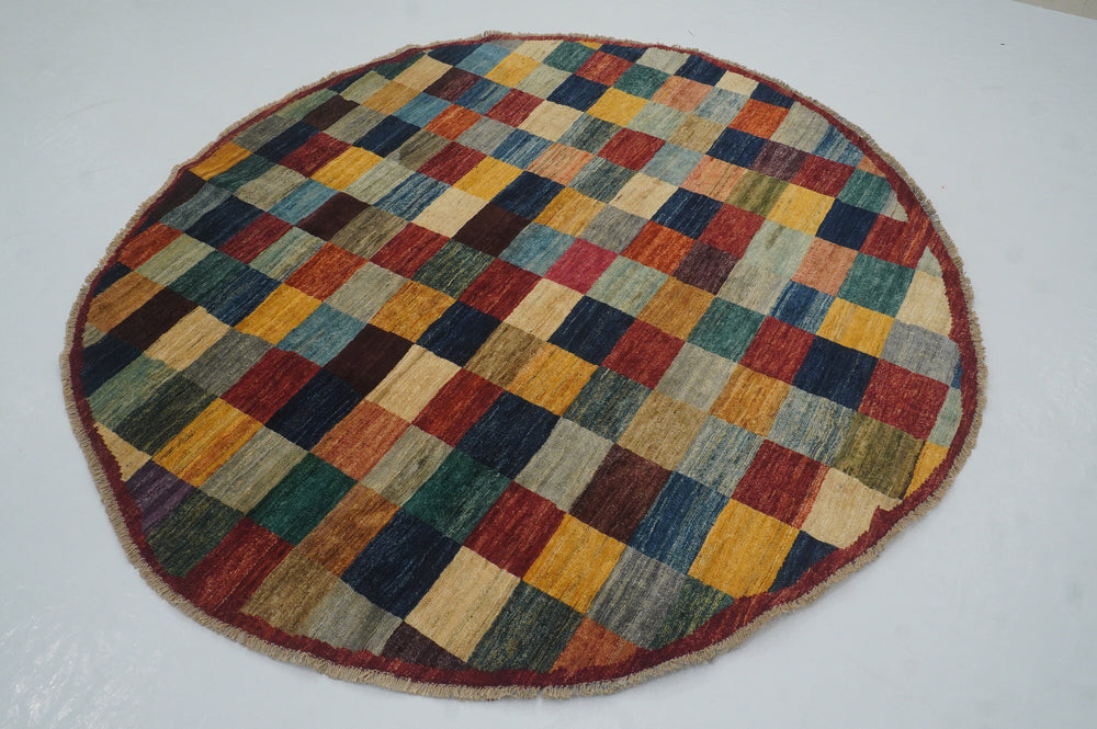 6x6 Checkered Multicolor box Gabbeh hand knotted Round Area Rug - Yildiz Rugs