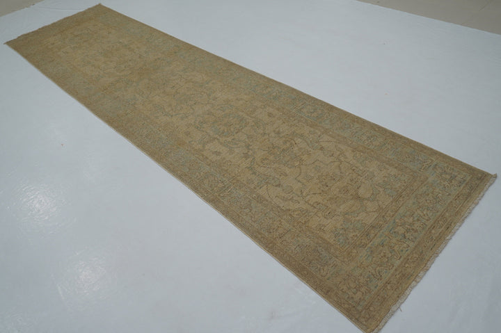 12 ft Beige Khotan Muted Vintage Afghan Hand knotted Runner Rug - Yildiz Rugs