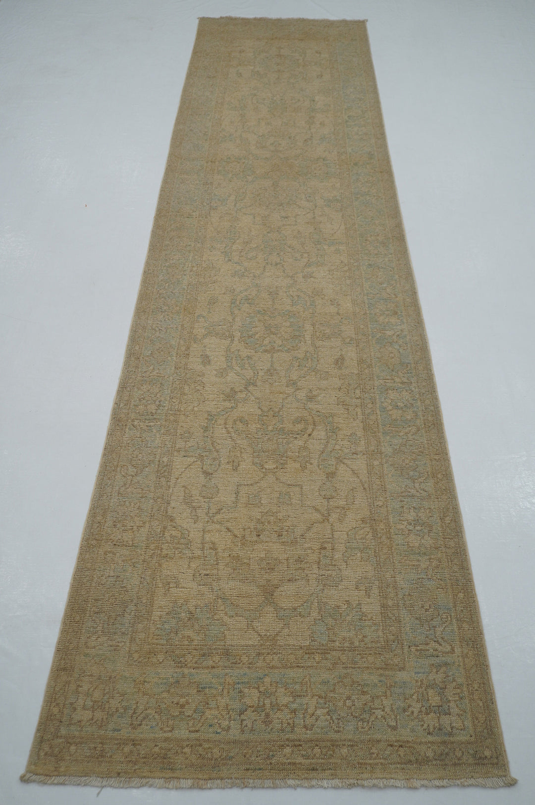 12 ft Beige Khotan Muted Vintage Afghan Hand knotted Runner Rug - Yildiz Rugs