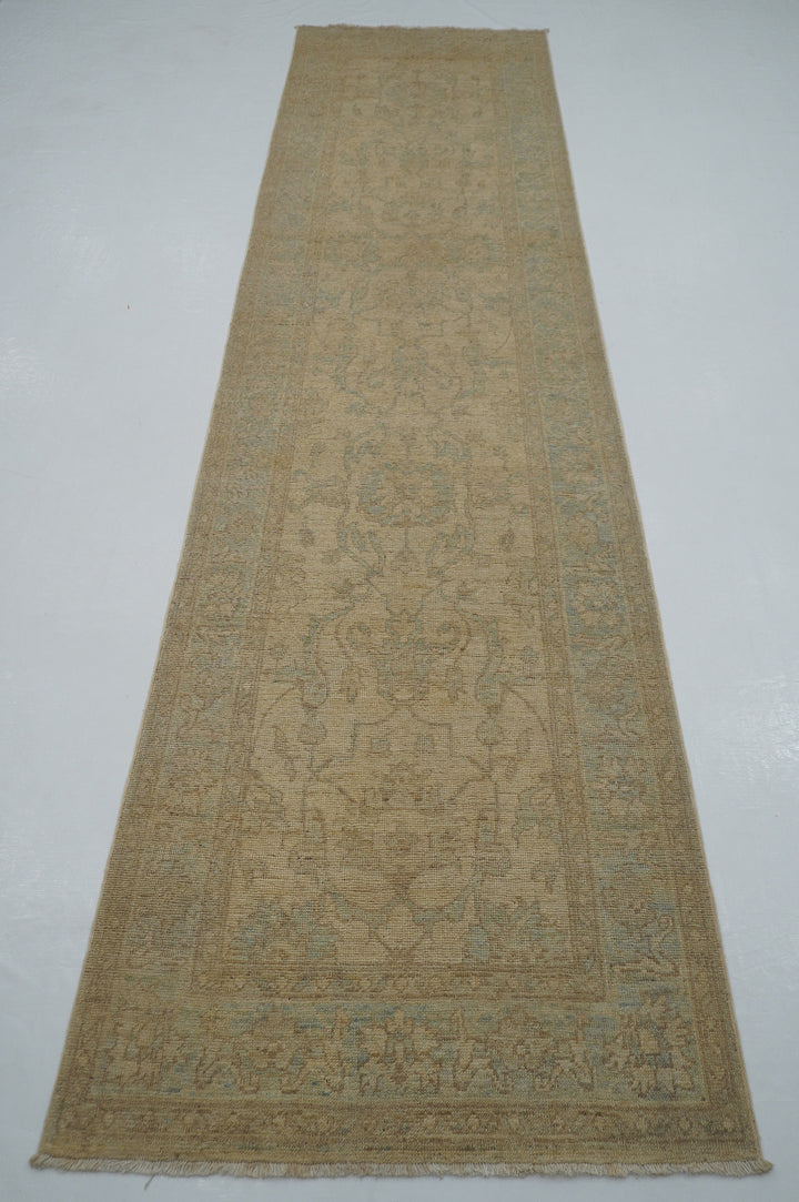 12 ft Beige Khotan Muted Vintage Afghan Hand knotted Runner Rug - Yildiz Rugs