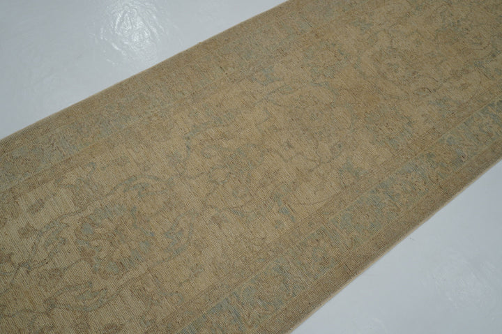 12 ft Beige Khotan Muted Vintage Afghan Hand knotted Runner Rug - Yildiz Rugs