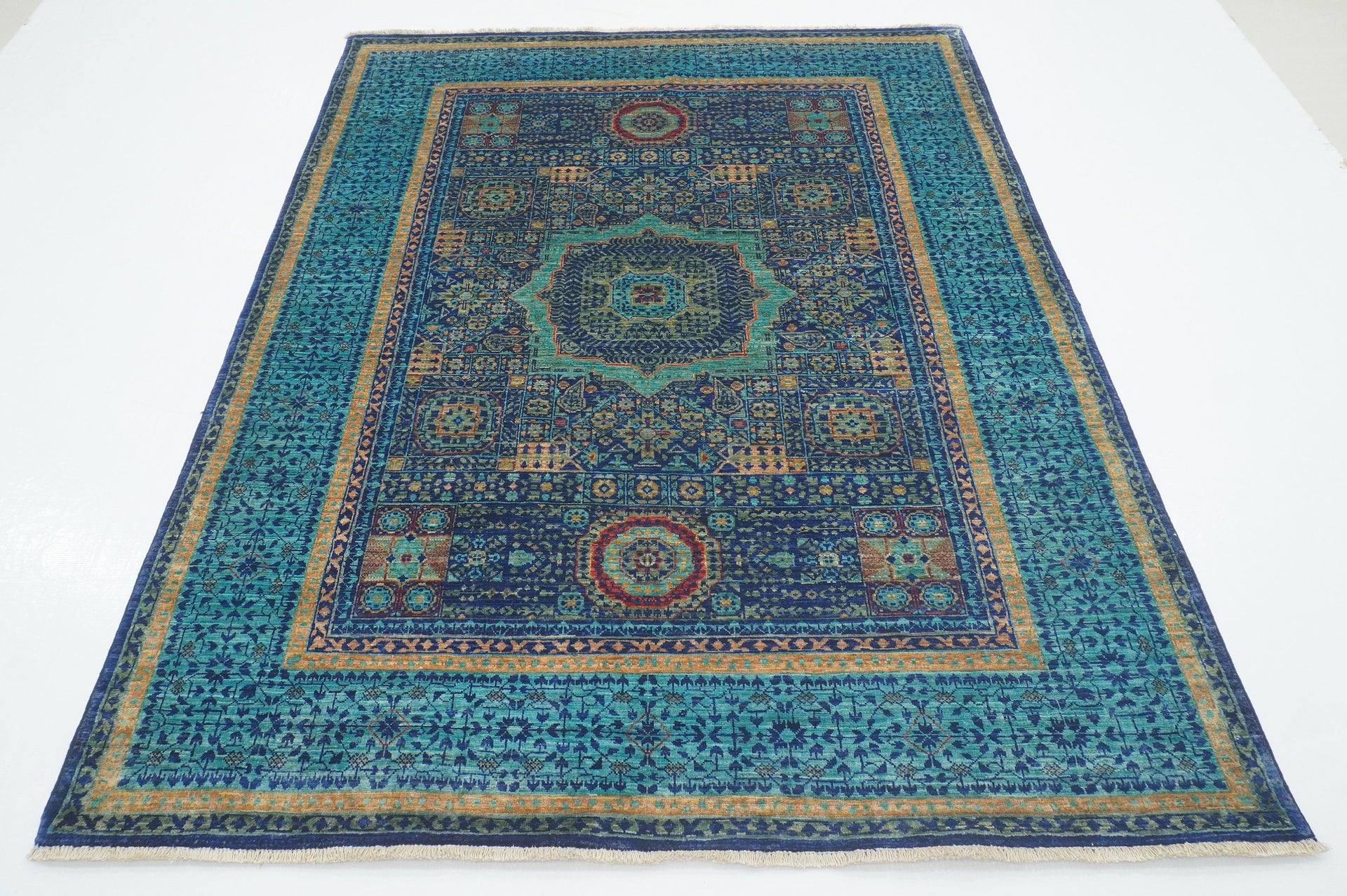 5x7 Turquoise Ink Blue Mamluk Hand knotted Turkish Rug - Yildiz Rugs