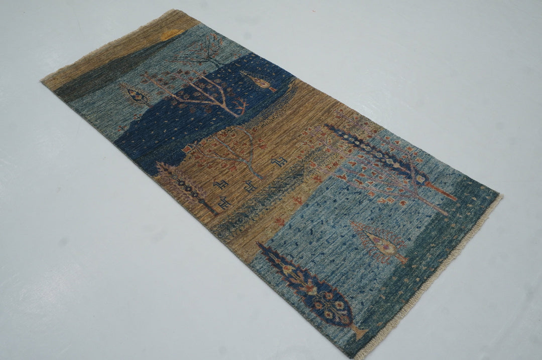 5 ft Tribal Blue Gabbeh Afghan Hand knotted Narrow Runner Rug - Yildiz Rugs