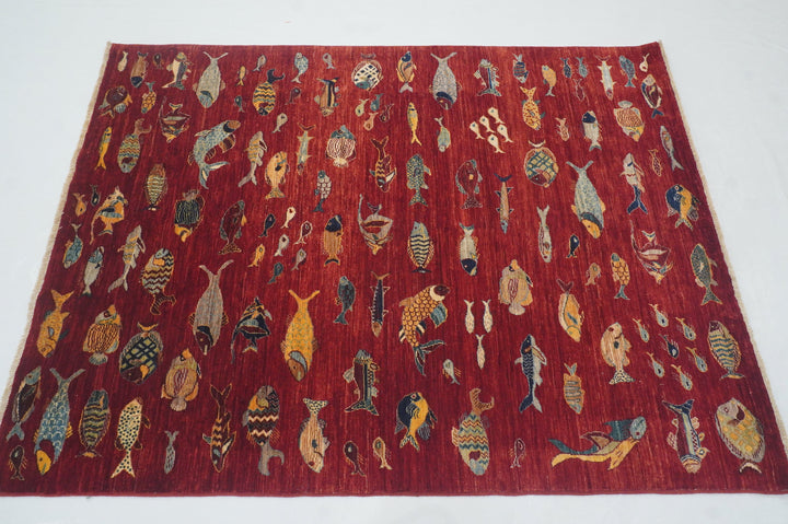 4x5 Deep Red Fish Gabbeh Afghan Hand knotted Premium Wool Rug - Yildiz Rugs