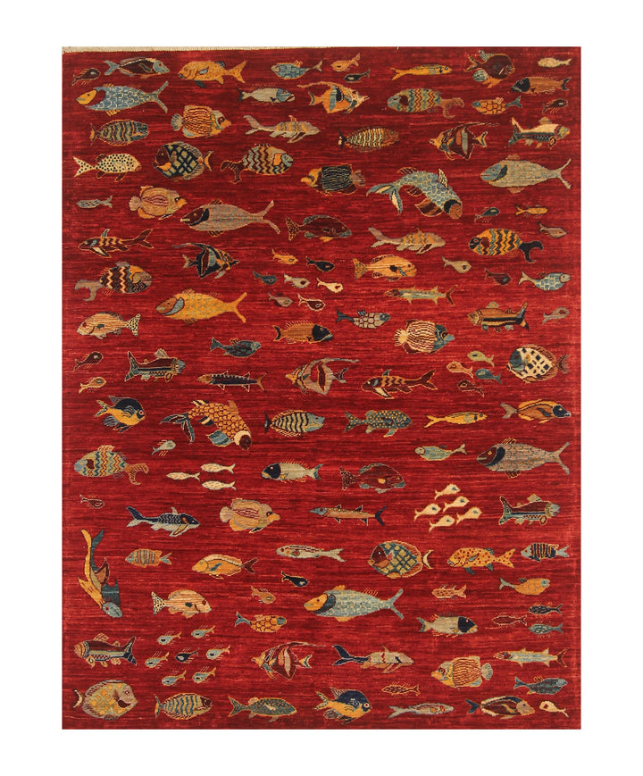 4x5 Deep Red Fish Gabbeh Afghan Hand knotted Premium Wool Rug - Yildiz Rugs