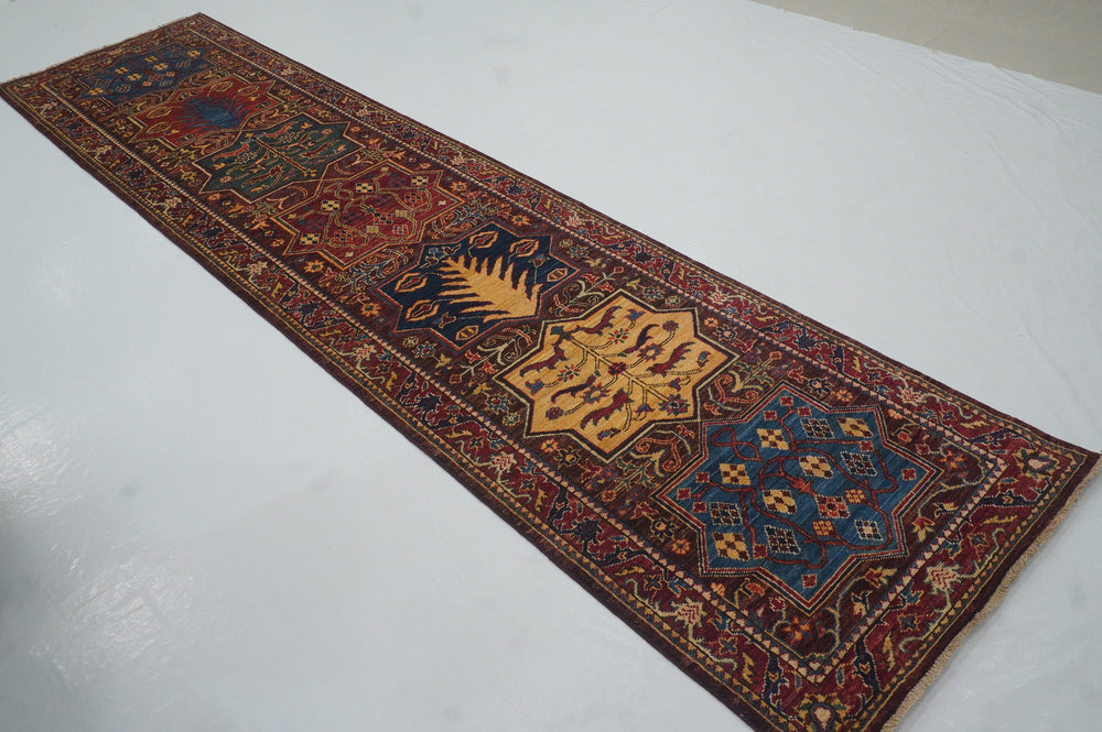 12 Ft Bakhtiari Maroon Afghan hand knotted Tribal Runner Rug - Yildiz Rugs