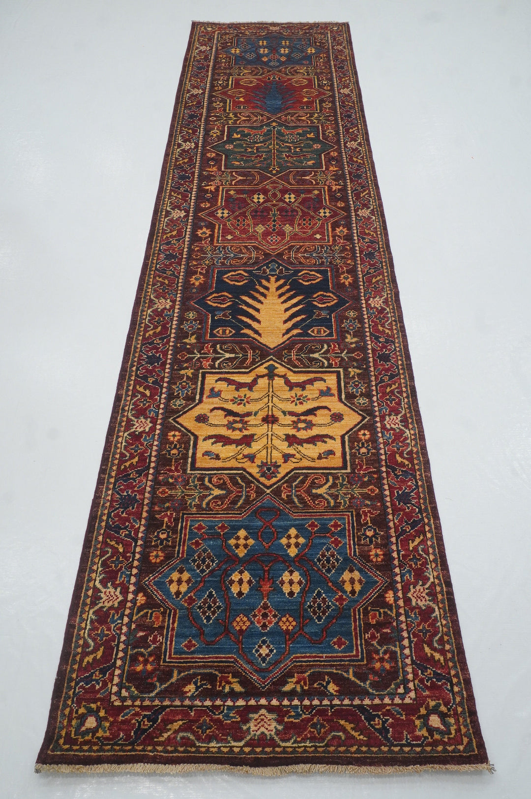 12 Ft Bakhtiari Maroon Afghan hand knotted Tribal Runner Rug - Yildiz Rugs