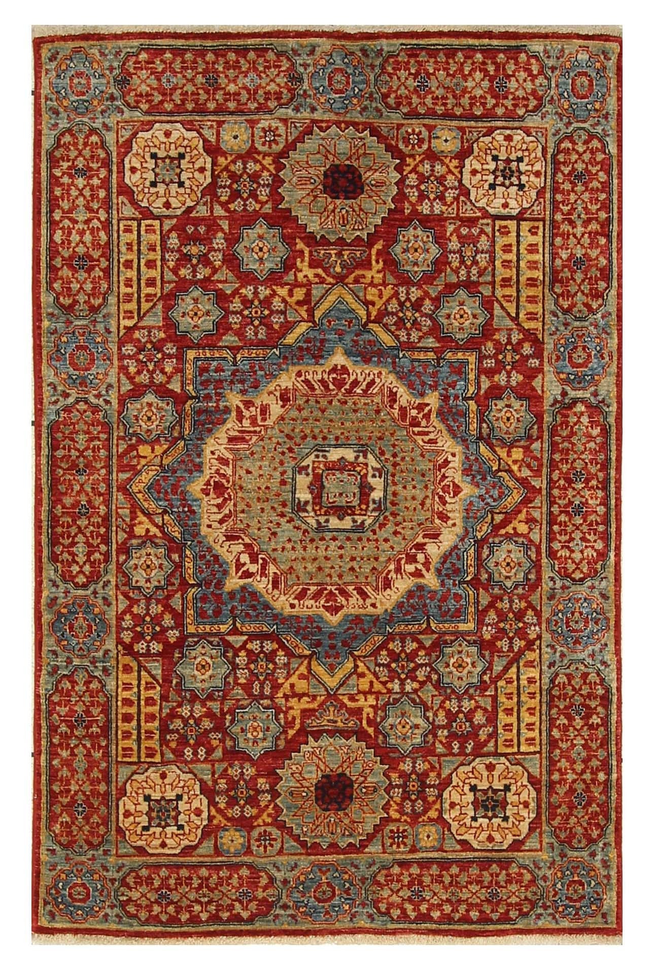 3x5 Red Vintage Mamluk Hand knotted Geometric Medallion Rug - Yildiz Rugs