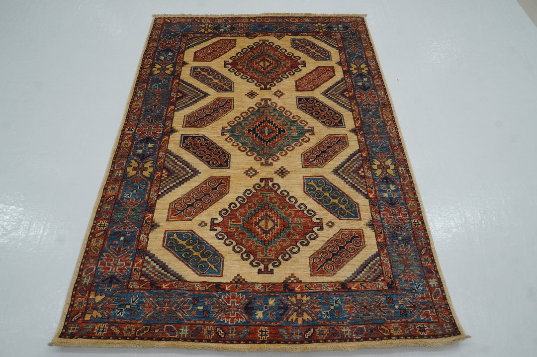 4x6 Beige Eagle Kazak Tribal Afghan Hand knotted Geometric Rug - Yildiz Rugs