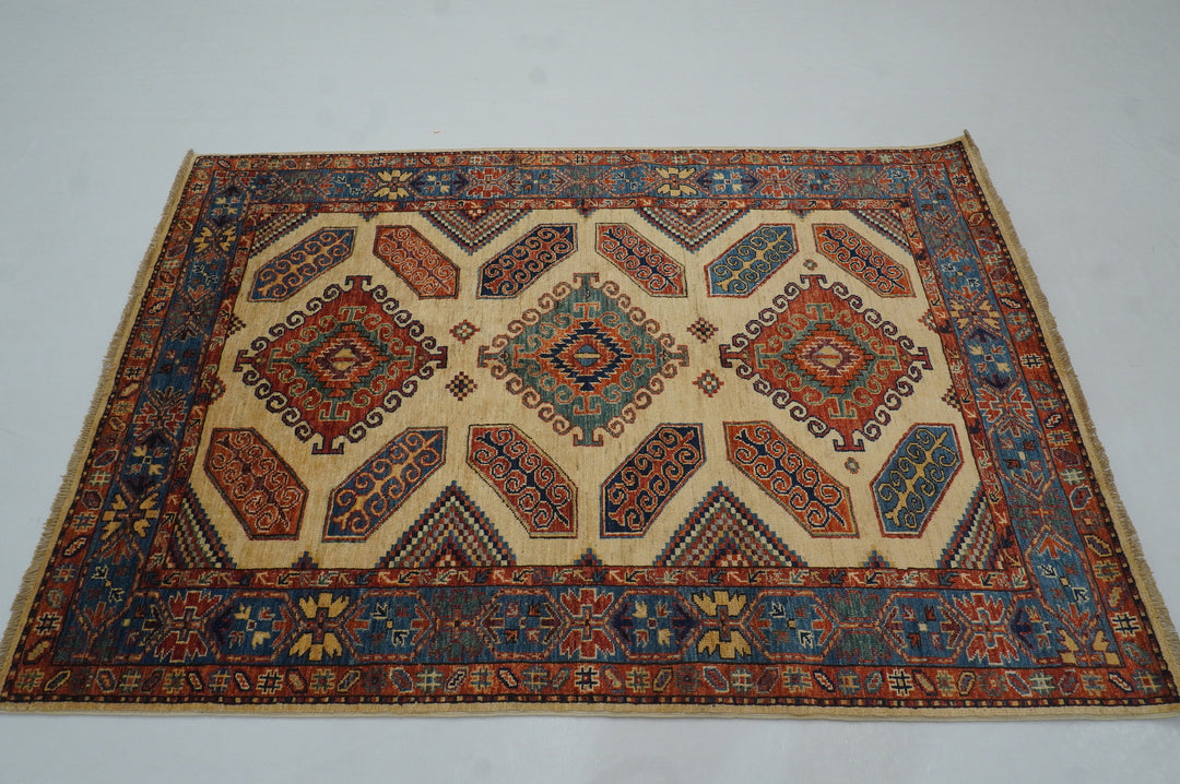 4x6 Beige Eagle Kazak Tribal Afghan Hand knotted Geometric Rug - Yildiz Rugs