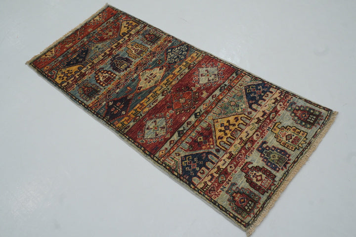 2x5 Blue Tribal Gabbeh Afghan Hand knotted Narrow Runner - Yildiz Rugs