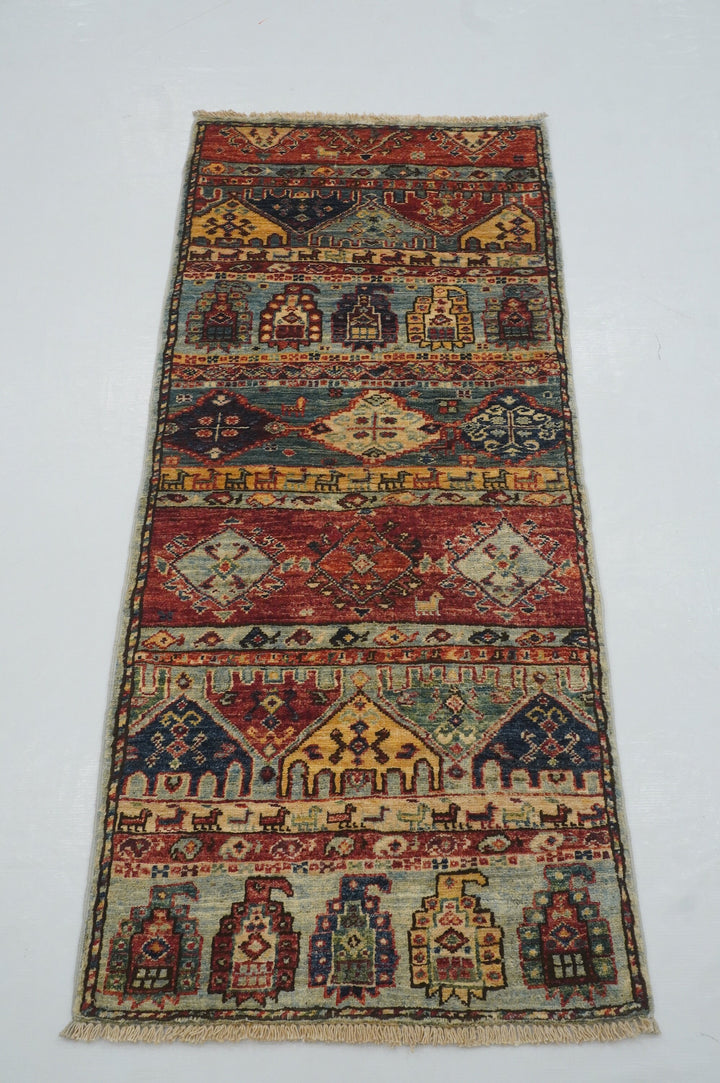 2x5 Blue Tribal Gabbeh Afghan Hand knotted Narrow Runner - Yildiz Rugs