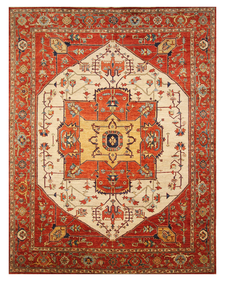 9x12 Rusty Red Serapi Afghan Hand Knotted Geometric Medallion Rug - Yildiz Rugs