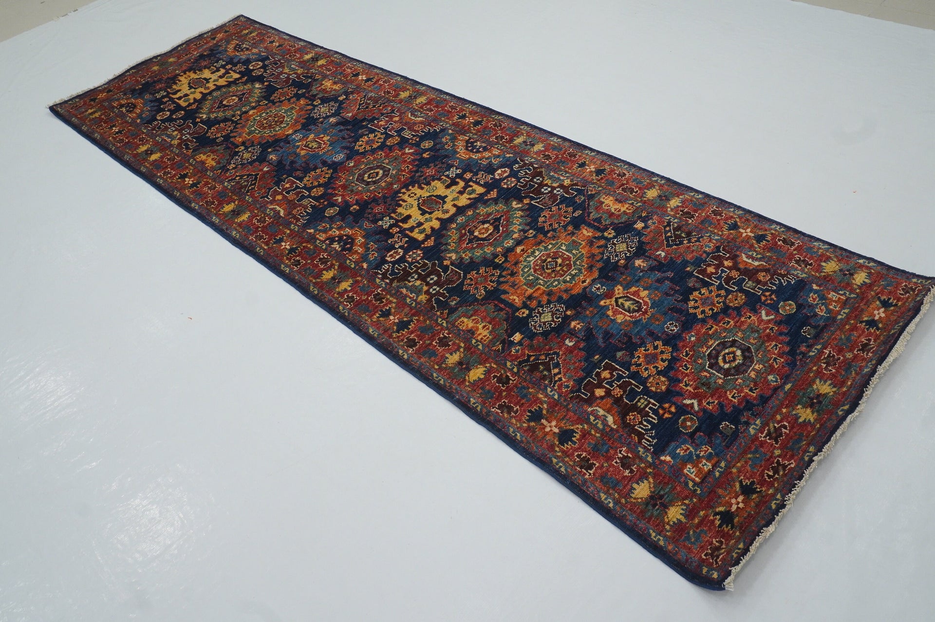 10 Ft Navy Blue Samarkand Afghan Hand Knotted Oriental Runner Rug - Yildiz Rugs