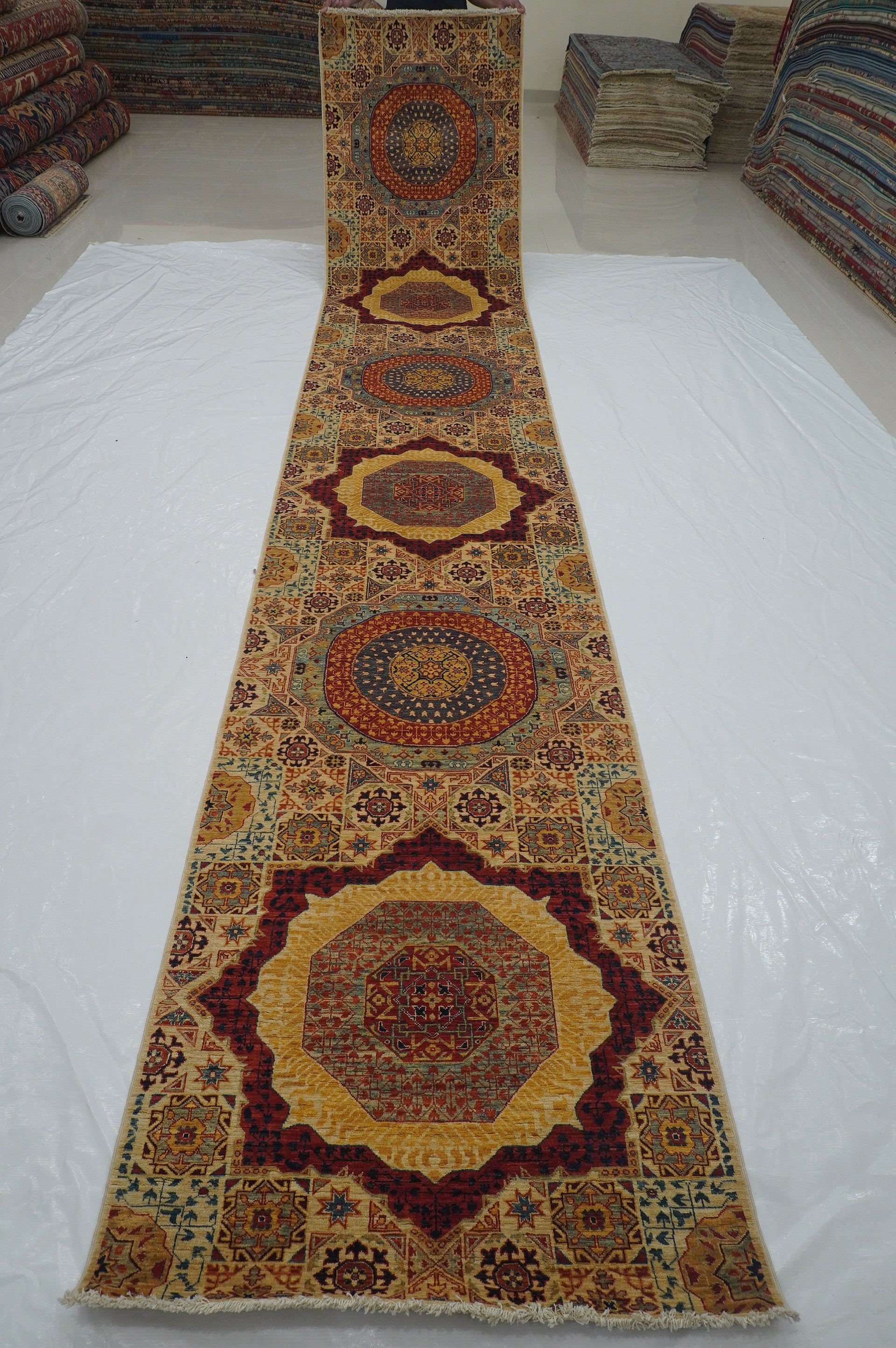 17 Ft Beige Mamluk Turkish Hand knotted Geometric Runner Rug - Yildiz Rugs