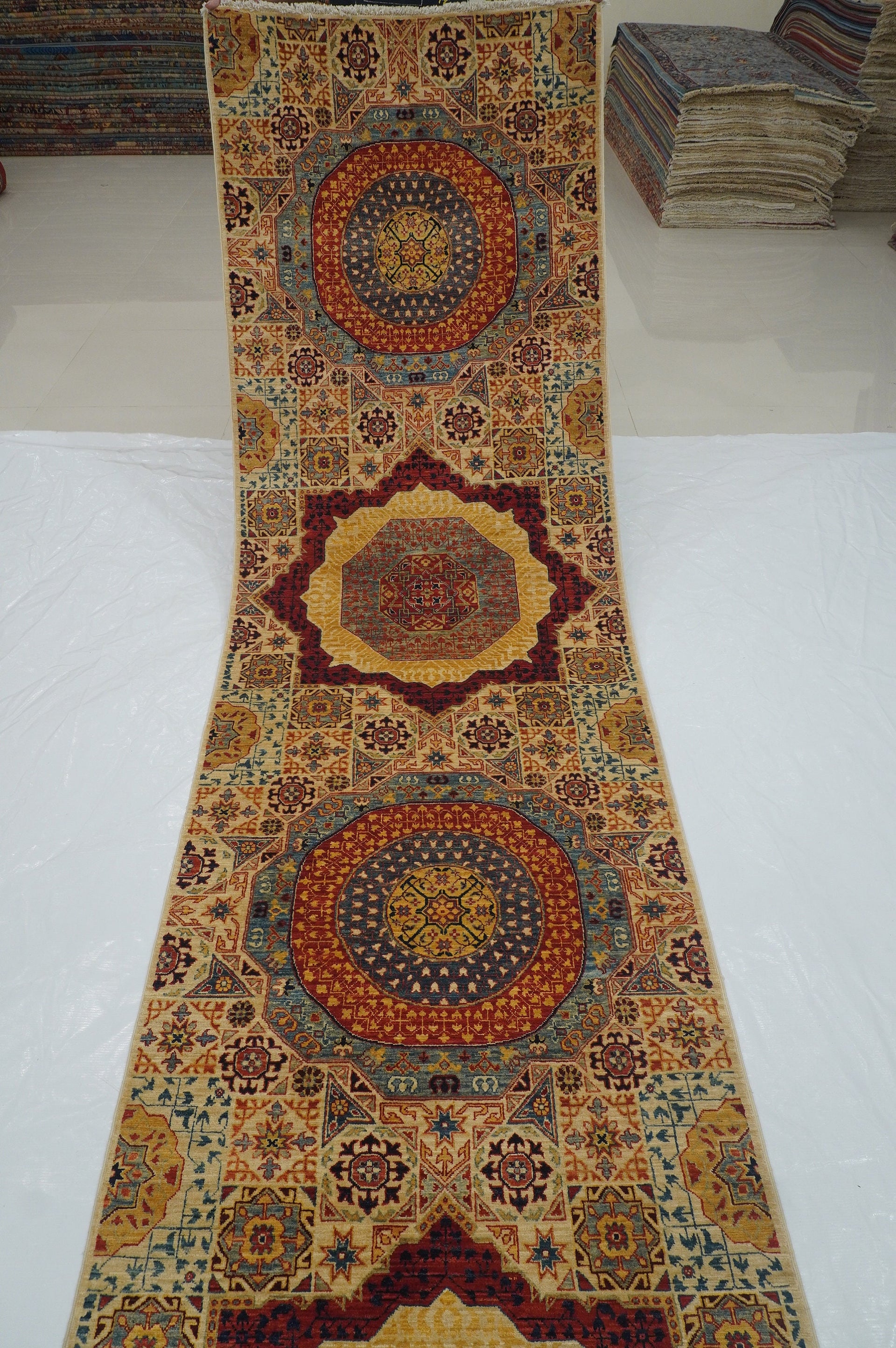 17 Ft Beige Mamluk Turkish Hand knotted Geometric Runner Rug - Yildiz Rugs