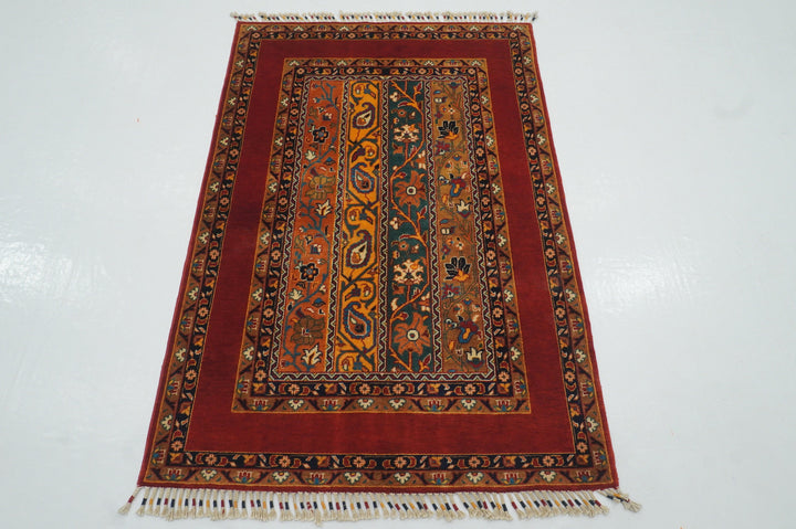 3x5 Red Turkish Shawl Pattern Hand Knotted Striped Rug - Yildiz Rugs