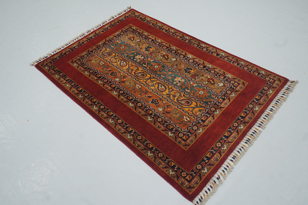 3x5 Red Turkish Shawl Pattern Hand Knotted Striped Rug - Yildiz Rugs