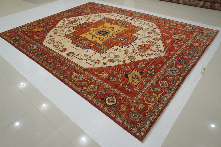 9x12 Rusty Red Serapi Afghan Hand Knotted Geometric Medallion Rug - Yildiz Rugs