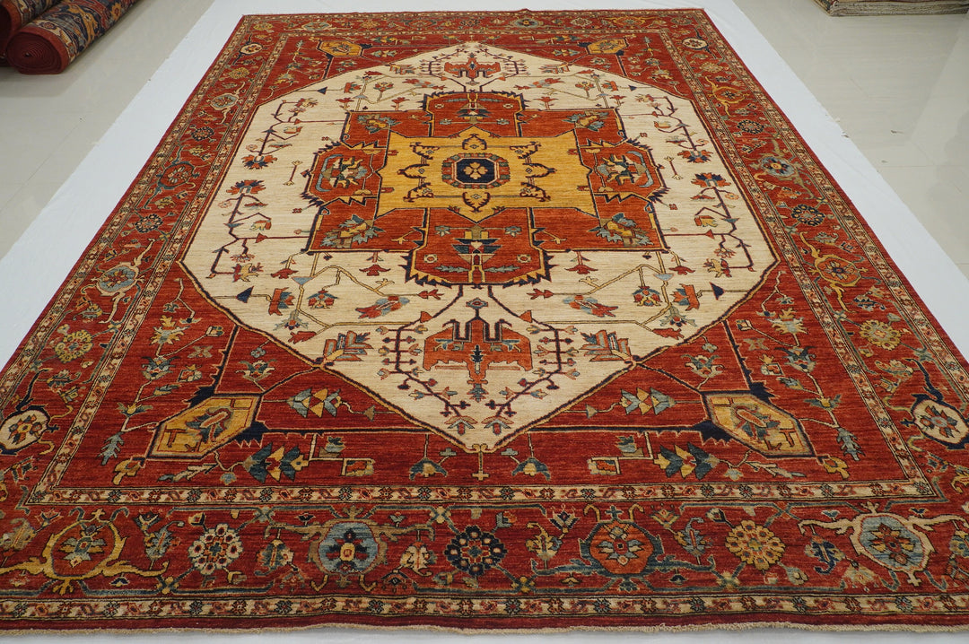 9x12 Rusty Red Serapi Afghan Hand Knotted Geometric Medallion Rug - Yildiz Rugs