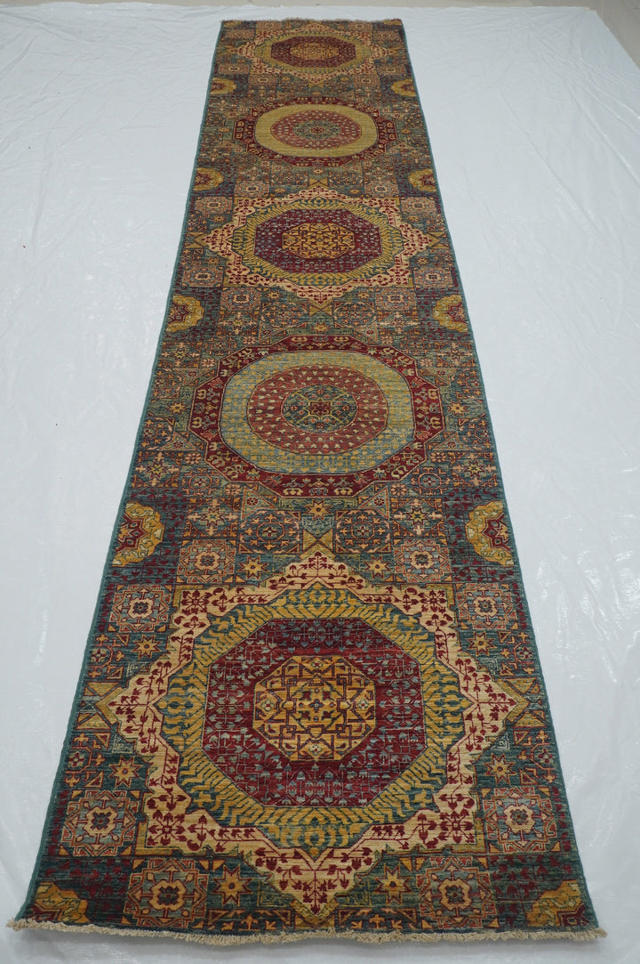 14 Ft Green Mamluk Turkish Hand knotted Medallion Runner Rug - Yildiz Rugs