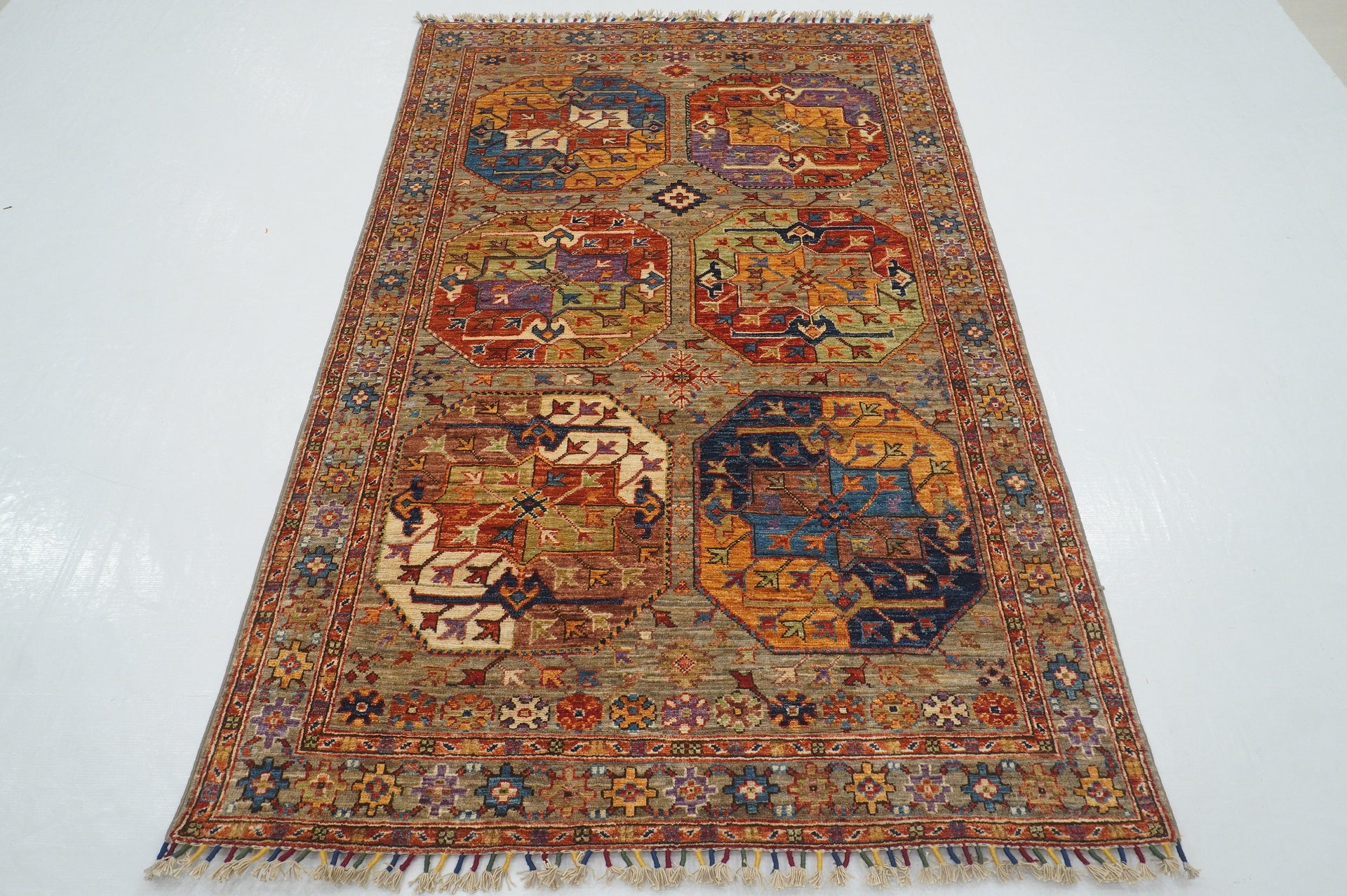 4x6 Taupe Brown Ersari Turkmen Afghan hand knotted Tribal Rug - Yildiz Rugs
