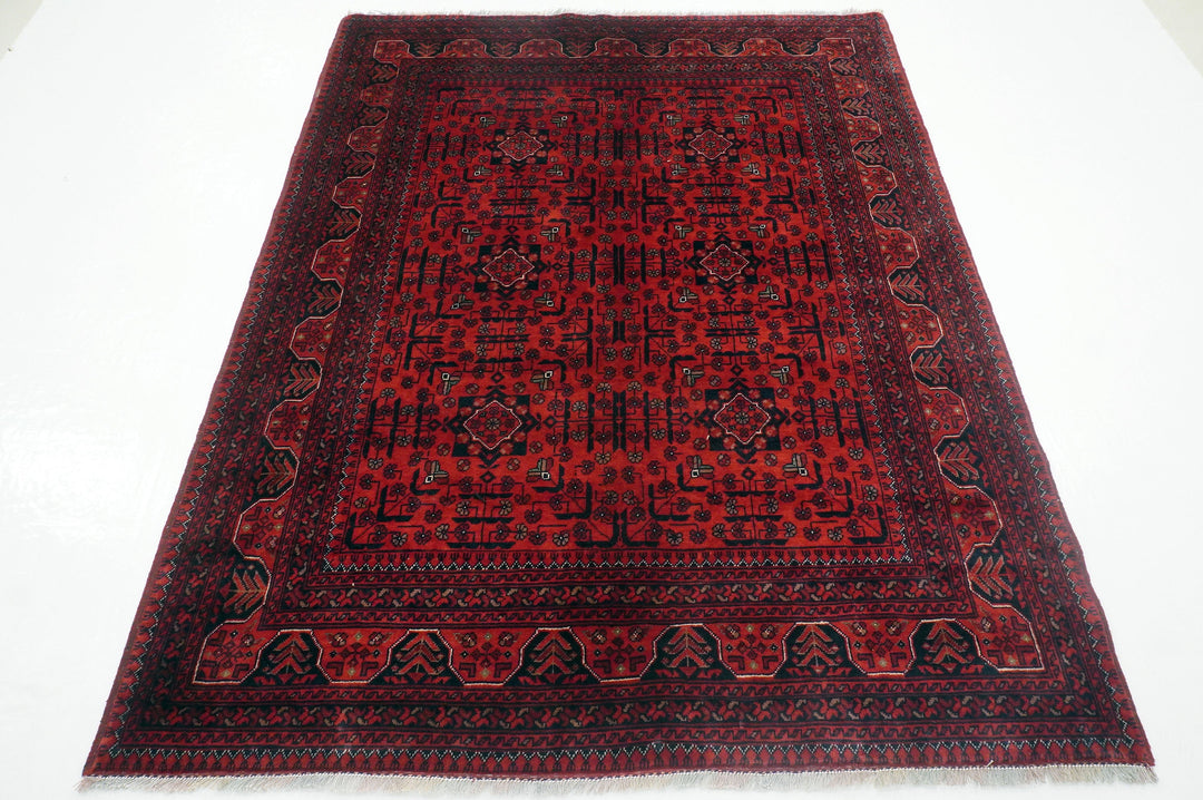 5x7 Deep Red Qunduz Afghan hand knotted Tribal Rug - Yildiz Rugs