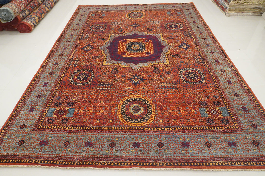 10x14 Rusty Orange Mamluk Turkish Hand knotted Geometric Rug - Yildiz Rugs