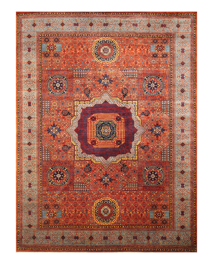 10x14 Rusty Orange Mamluk Turkish Hand knotted Geometric Rug - Yildiz Rugs