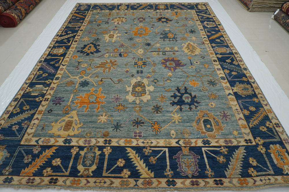 9x12 Oushak Muted Blue Vintage wash Hand knotted Wool Turkish Rug - Yildiz Rugs