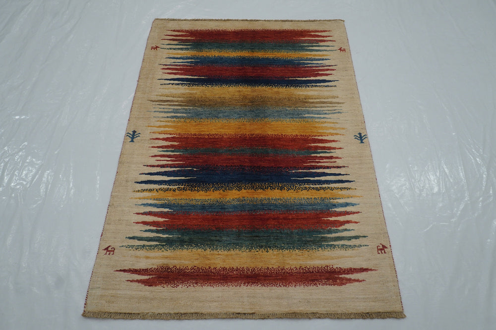 3x5 Abstract Gabbeh Beige Afghan Hand knotted Rug - Yildiz Rugs