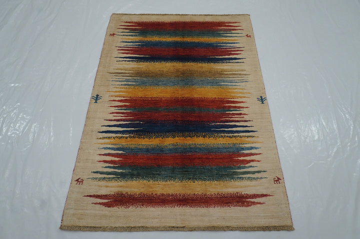 3x5 Abstract Gabbeh Beige Afghan Hand knotted Rug - Yildiz Rugs