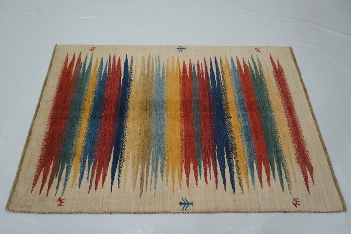 3x5 Abstract Gabbeh Beige Afghan Hand knotted Rug - Yildiz Rugs