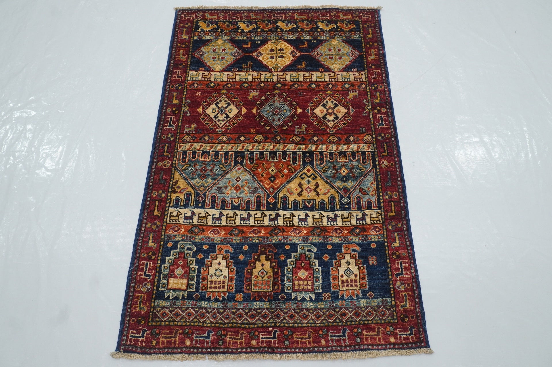 3x4 Gabbeh Navy Blue Nomadic Tribal Afghan Hand knotted Rug - Yildiz Rugs