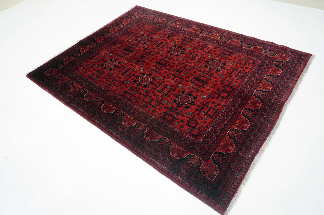 5x7 Deep Red Qunduz Afghan hand knotted Tribal Rug - Yildiz Rugs